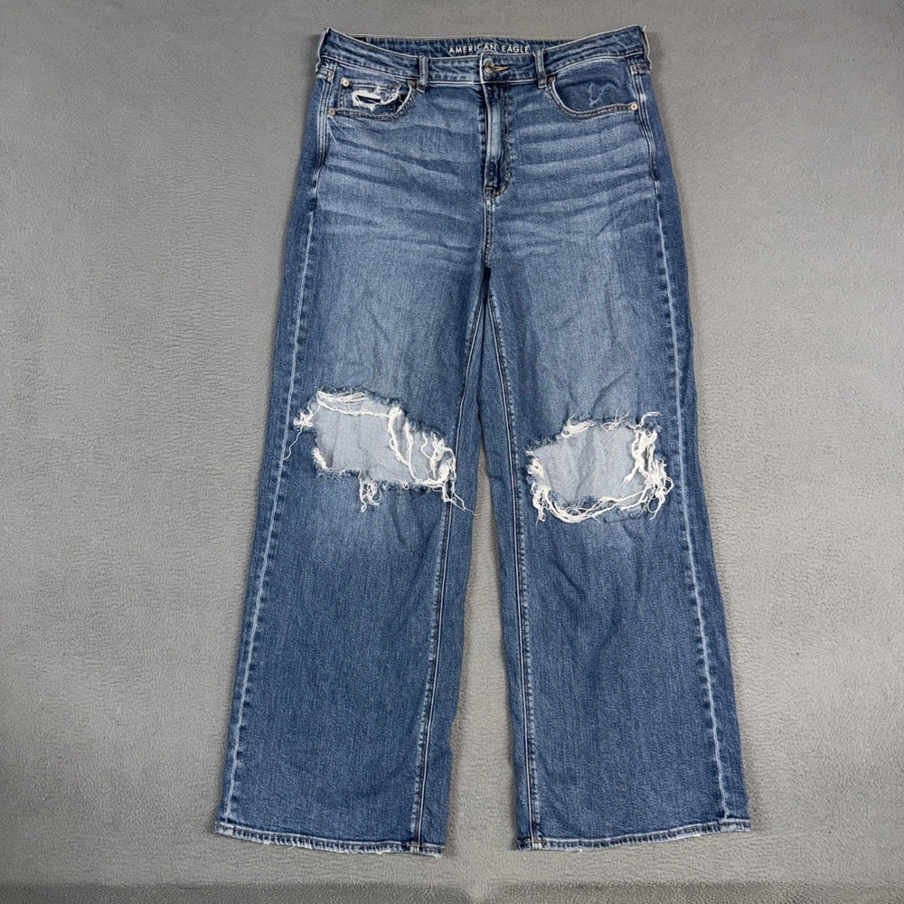 American Eagle Jeans Womens 14 Blue Super High Rise Baggy Wide Leg Distressed